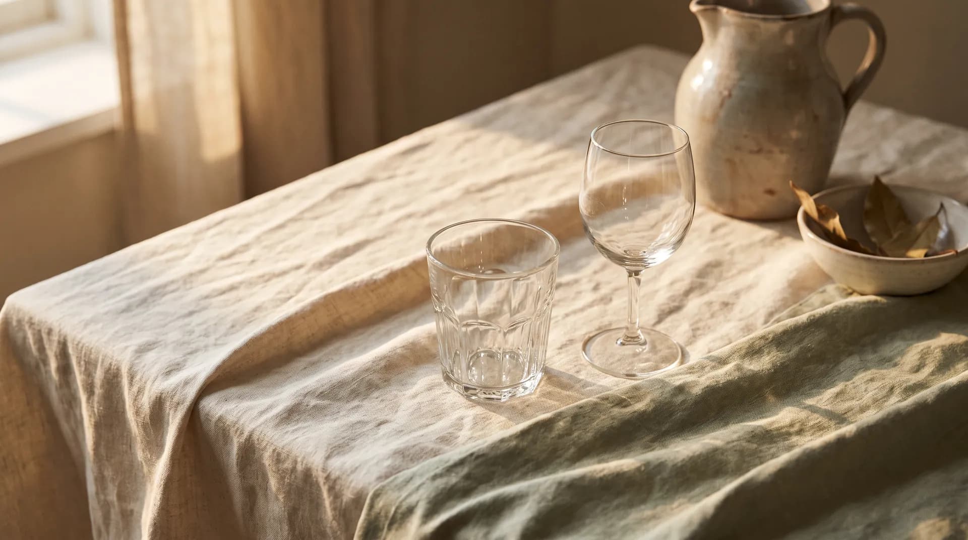 An empty stemmed glass resting upside down on a linen napkin beside a full glass of water on a weathered oak table, morning light through sheer curtains
