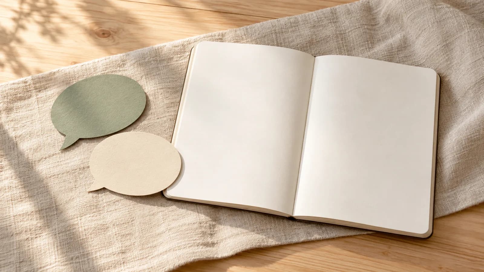 Sage and cream paper speech bubbles beside an open blank notebook on linen.