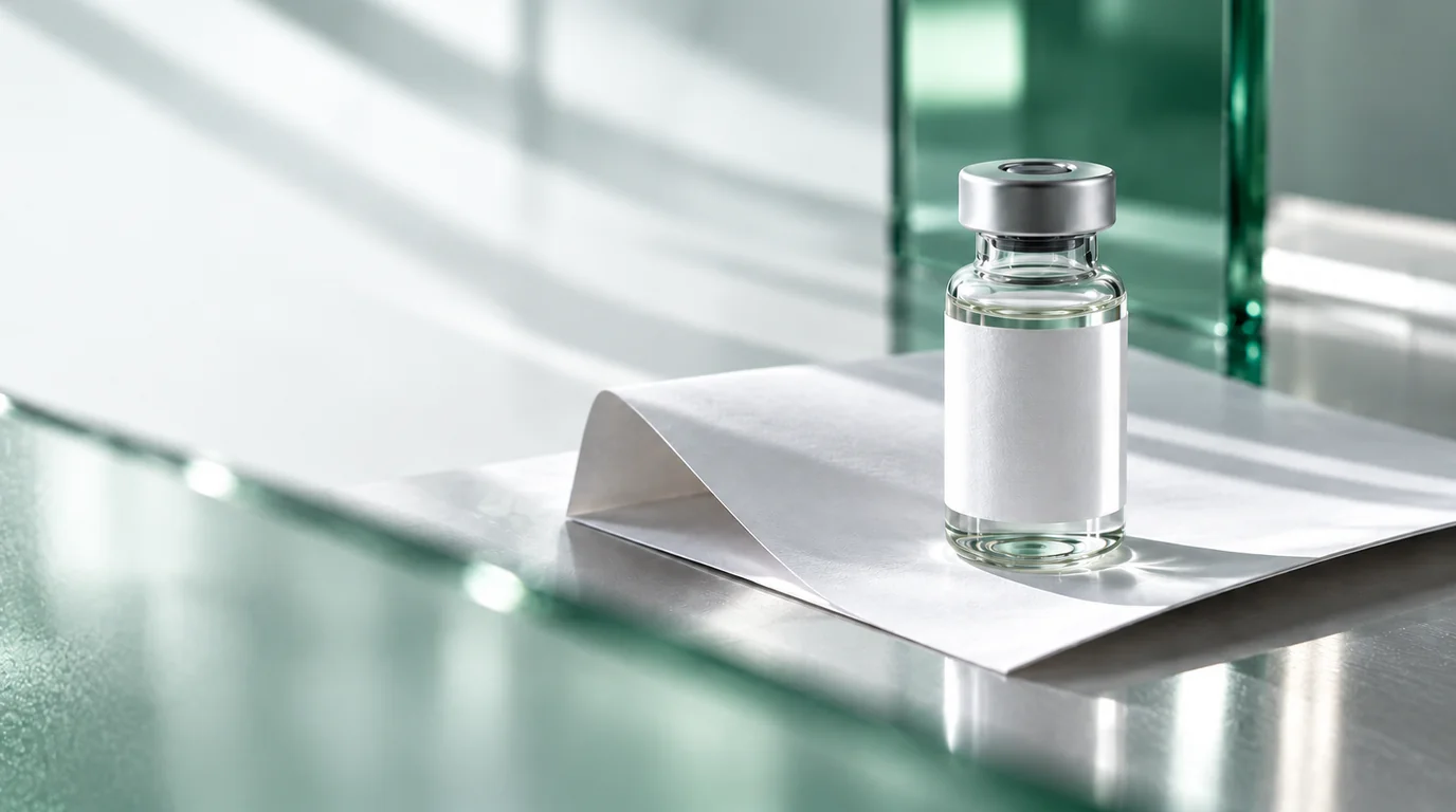 Unbranded vial on a folded blank statement with green glass behind it, a conceptual illustration of treatment costs.