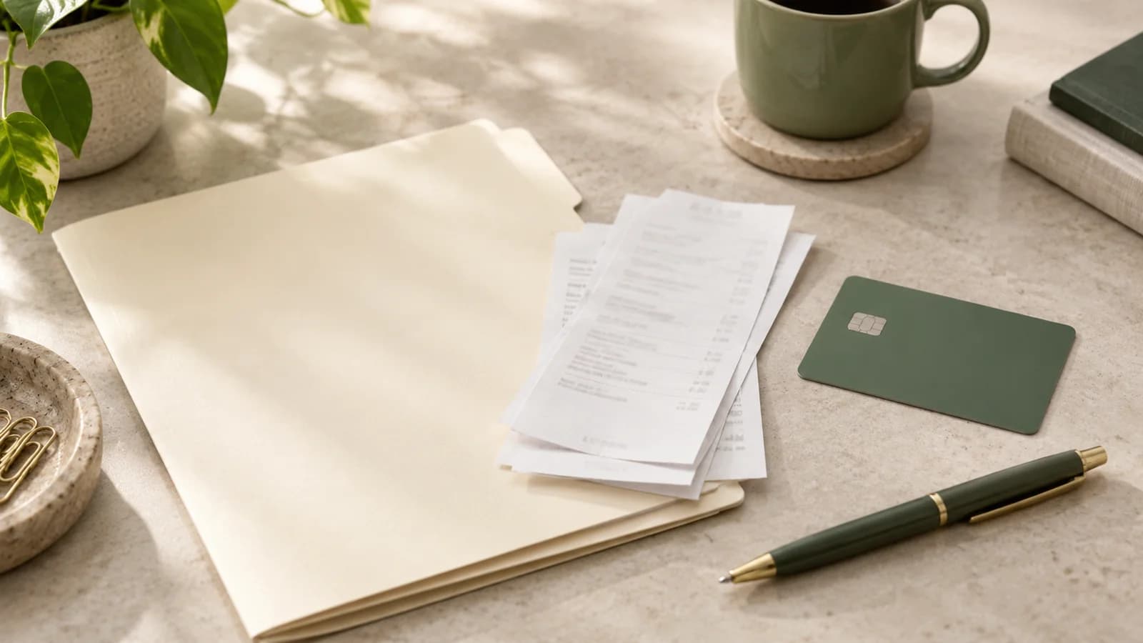 A cream folder, itemized receipts, an unbranded green payment card and a pen on a pale stone desk.