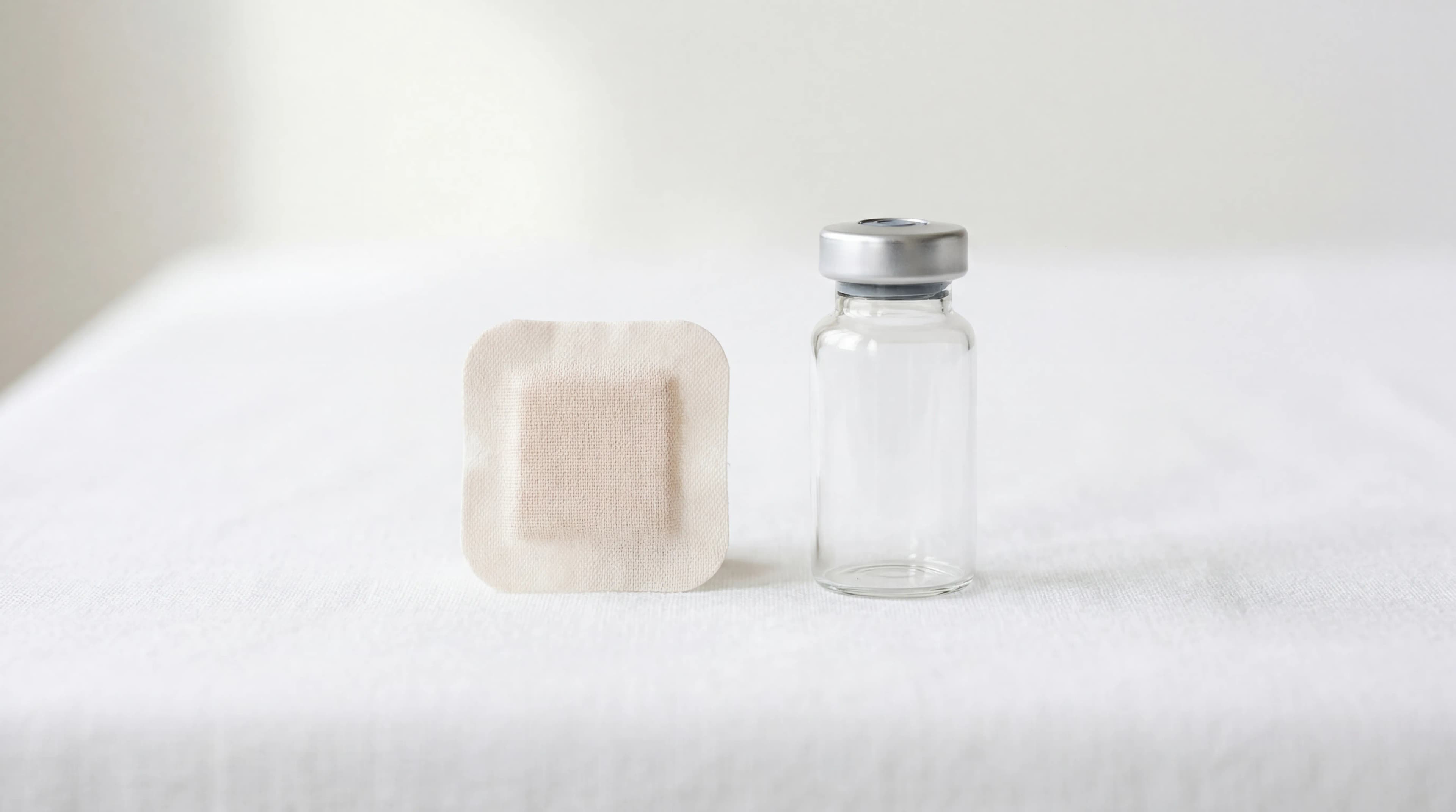 Editorial still-life illustrating a fact-check on GLP-1 weight loss patches