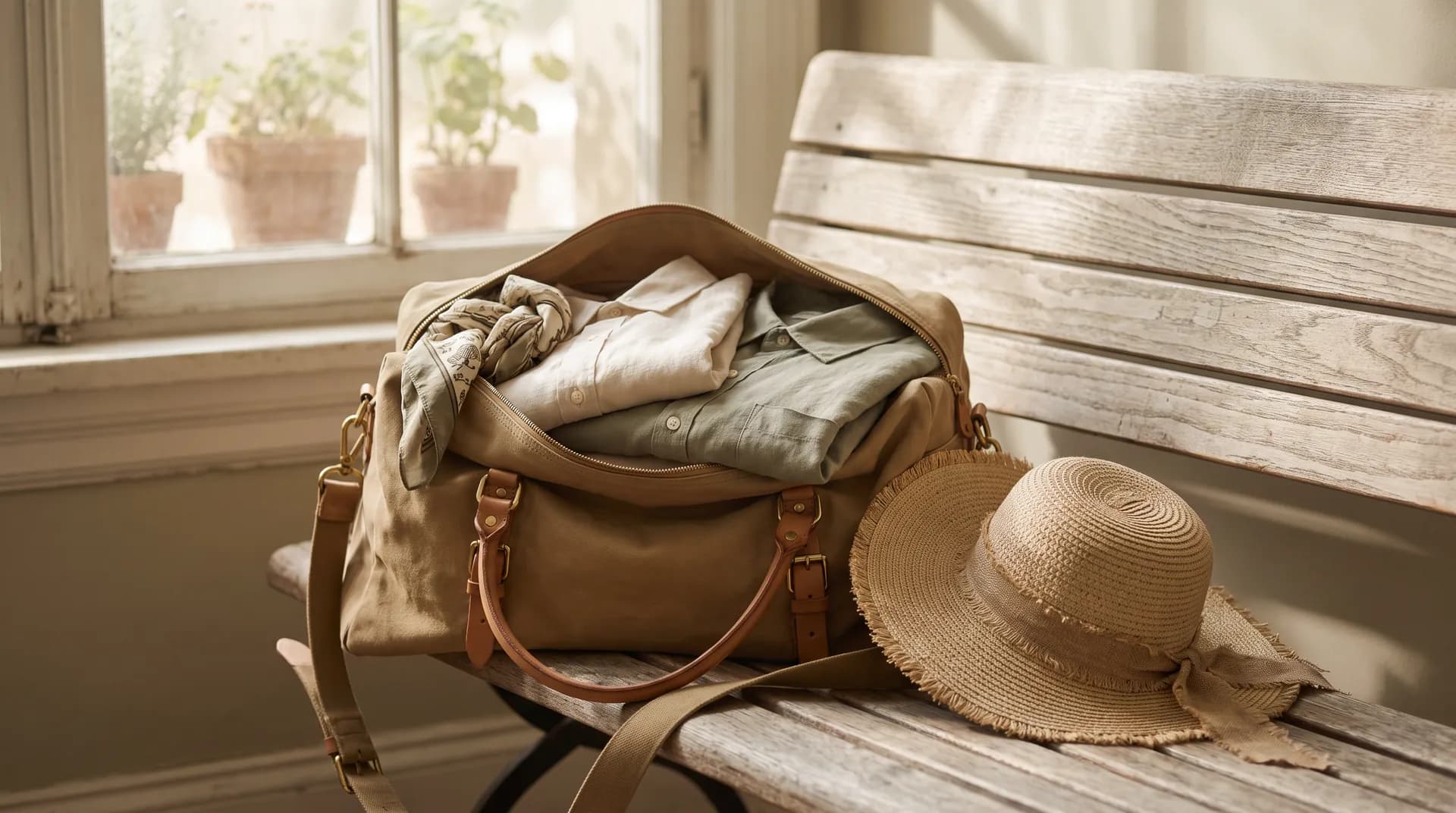 Editorial still life of a soft insulated cooler bag and a glass of water on a wooden table in warm morning light