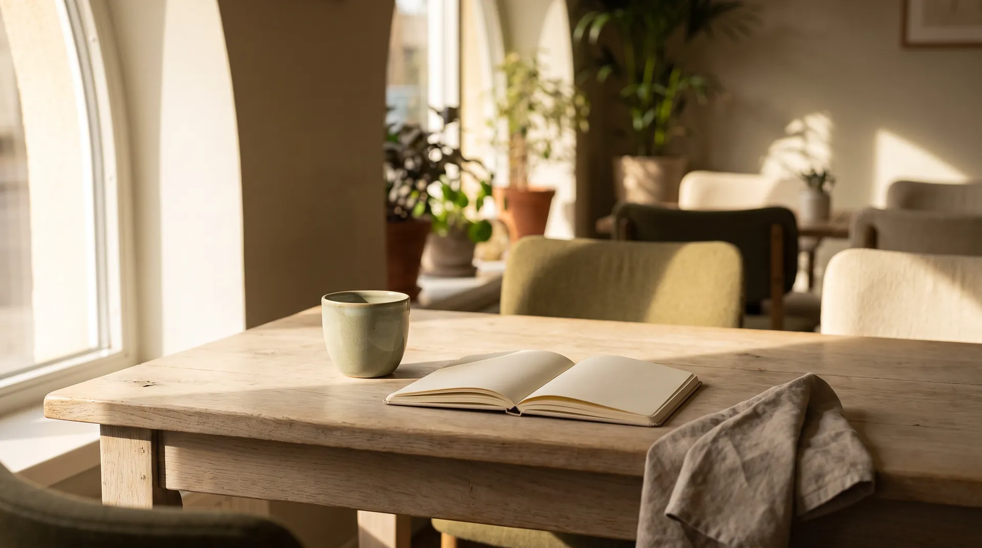 Editorial still-life of a laptop, reading glasses and a handwritten checklist on a warm oak desk in morning light, suggesting careful research before an online decision