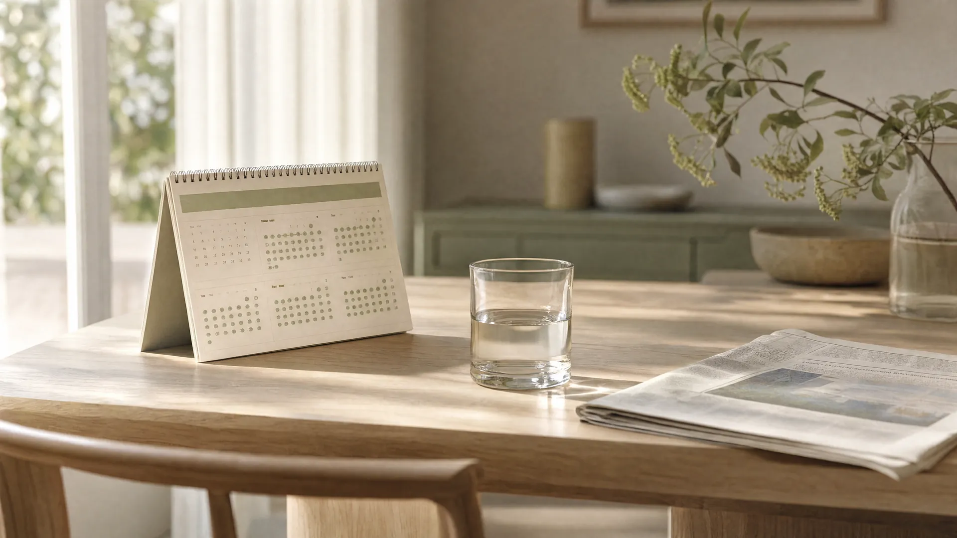 Editorial still-life of a calm kitchen table with a glass of water and a paper calendar in warm morning light, referencing the first ninety days of a new routine