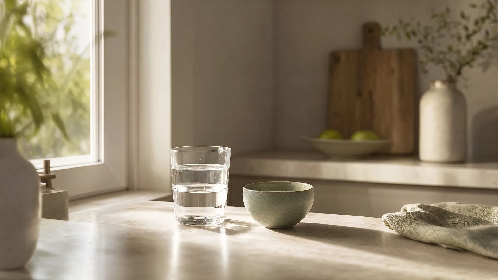 Editorial lifestyle photograph illustrating a morning wellness routine with a glass of water on a clean kitchen counter