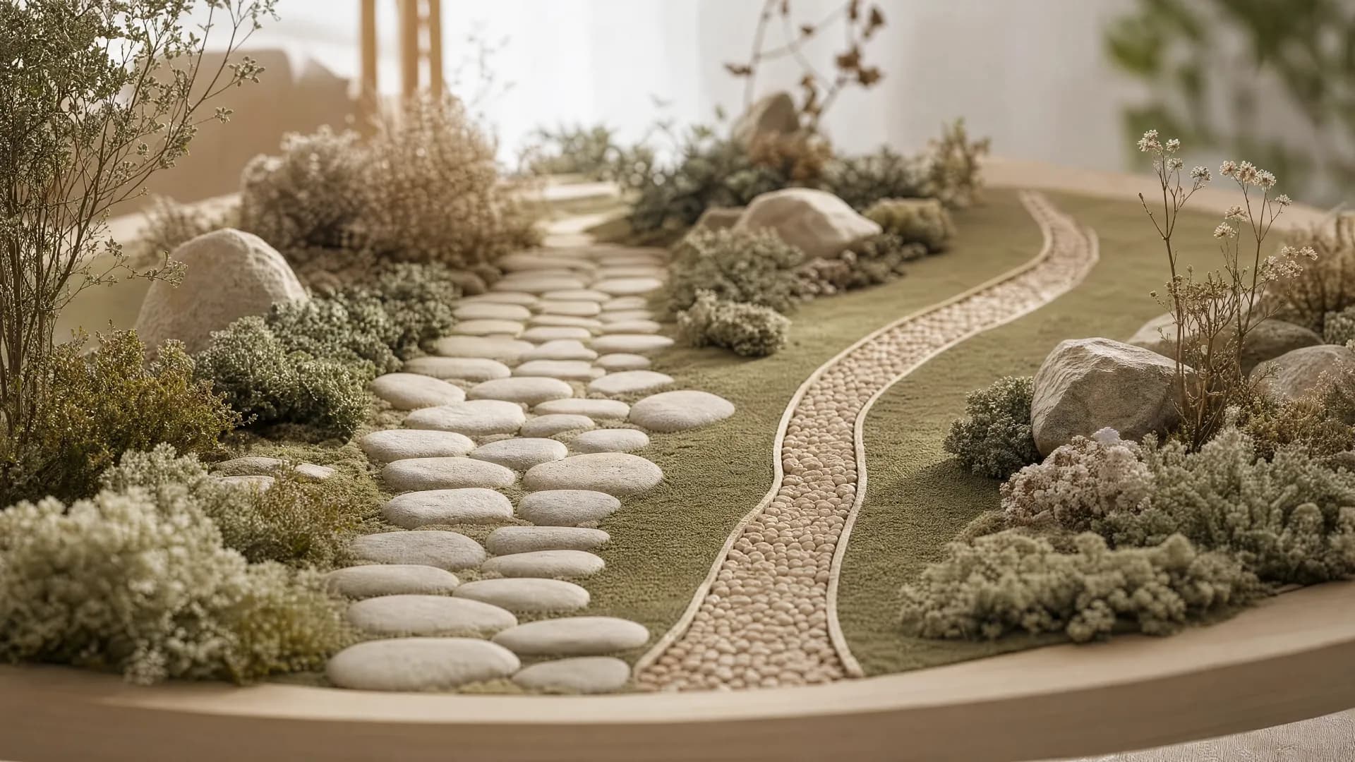 Two garden paths diverging through a miniature cream-and-sage landscape, representing different treatment evidence paths