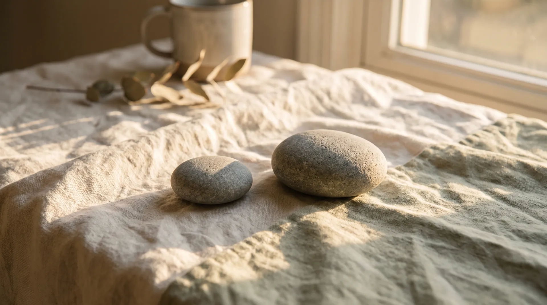 Two smooth grey river stones of different sizes resting side by side on a folded linen cloth in soft morning light