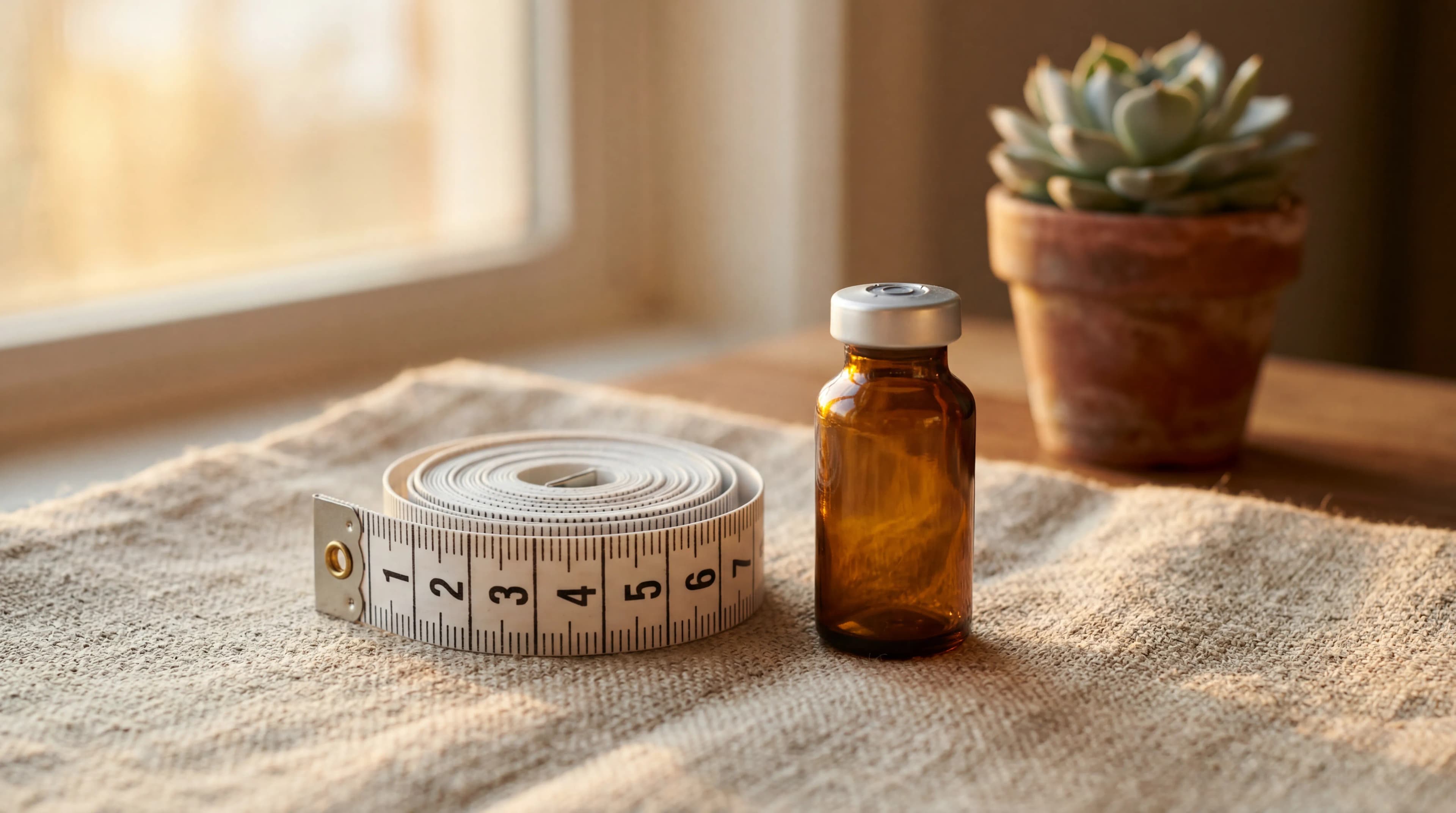 Editorial lifestyle photograph illustrating semaglutide before-and-after weight loss timeline