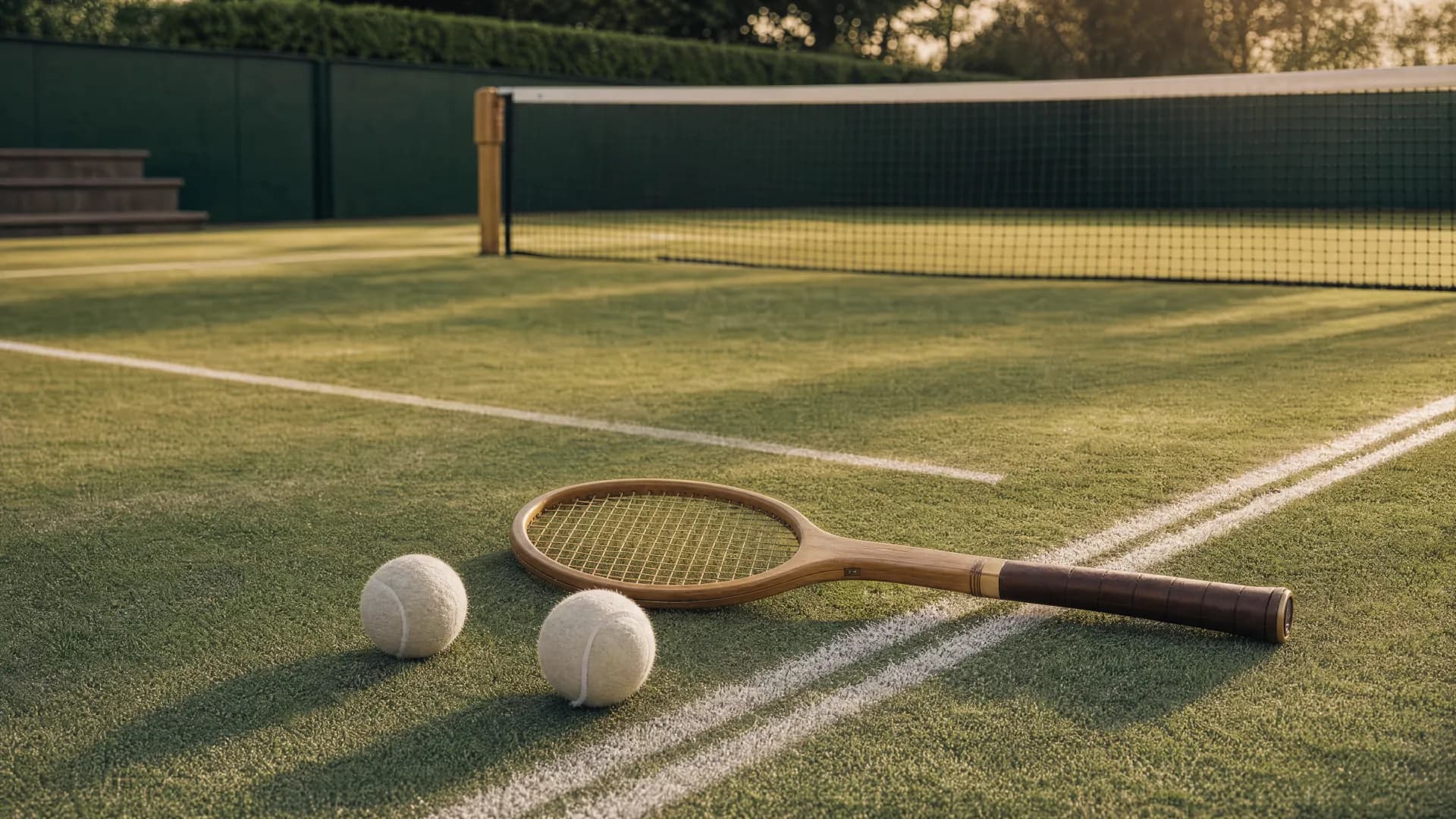 A wooden tennis racket and two tennis balls resting beside the baseline on an empty grass court in late-afternoon light