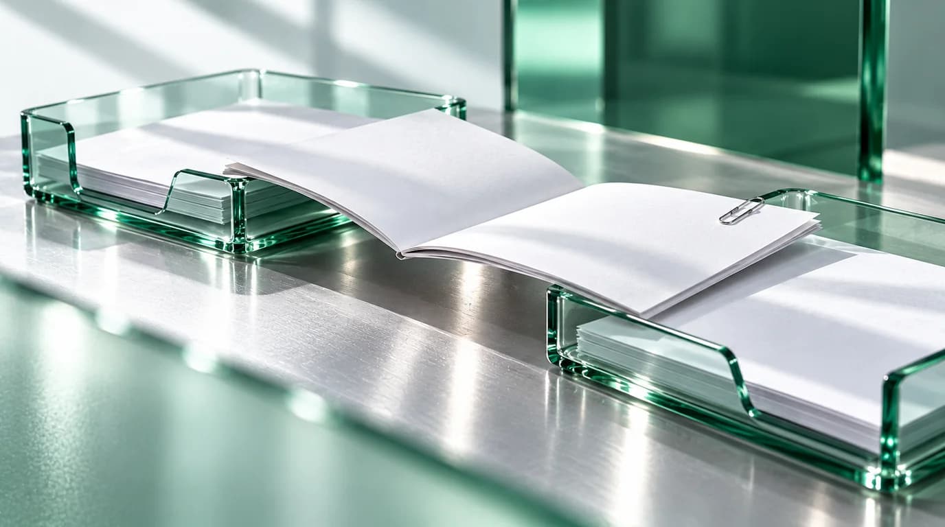 Blank document folio bridging two green glass trays, a conceptual illustration of care-record handover.