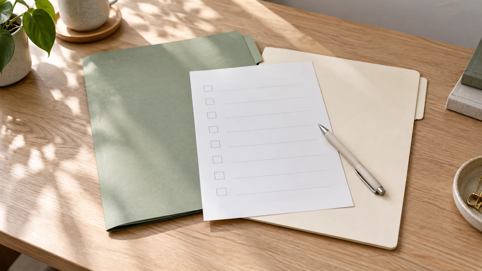 Cream and sage document folders beside a blank checklist and pen on a warm wooden desk.